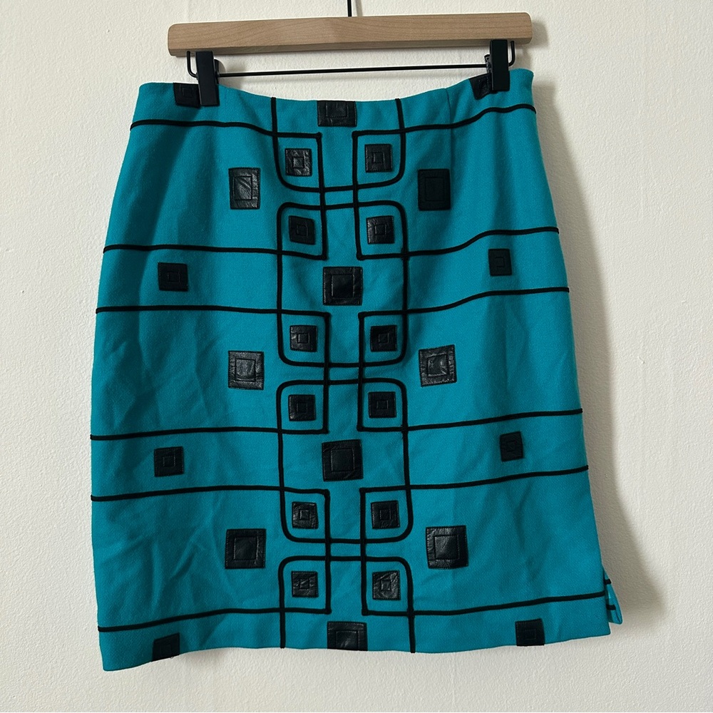 Vintage Carlisle Wool Blend Turquoise and Black Leather Patchwork Pencil Skirt
